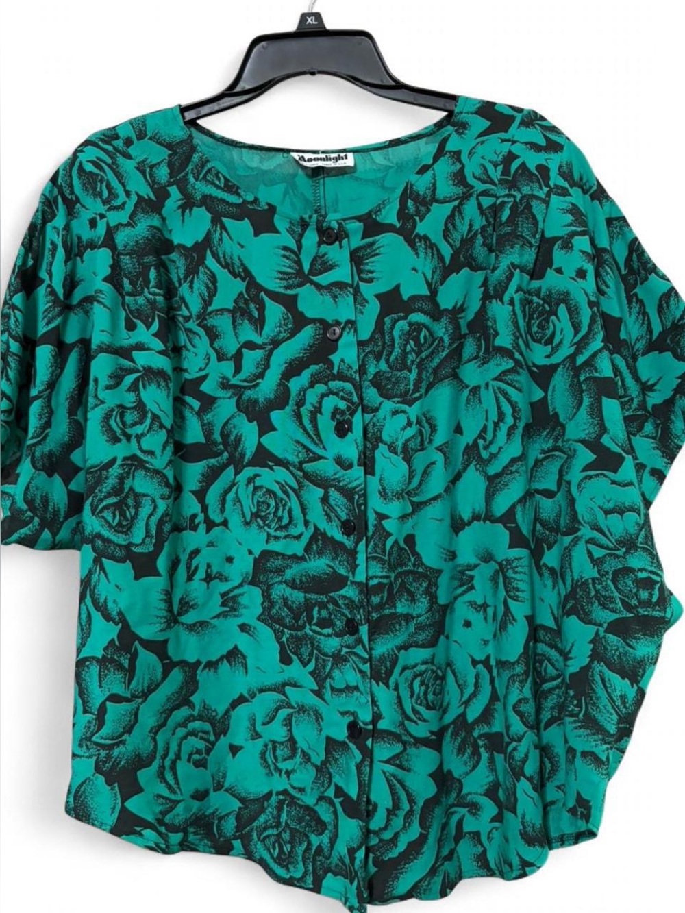 Vintage 80’s plus Moonlight Teal Floral Button-Front Blouse
